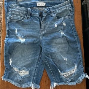 Cello Jeans Women's Juniors Mid Rise Distressed Denim Shorts